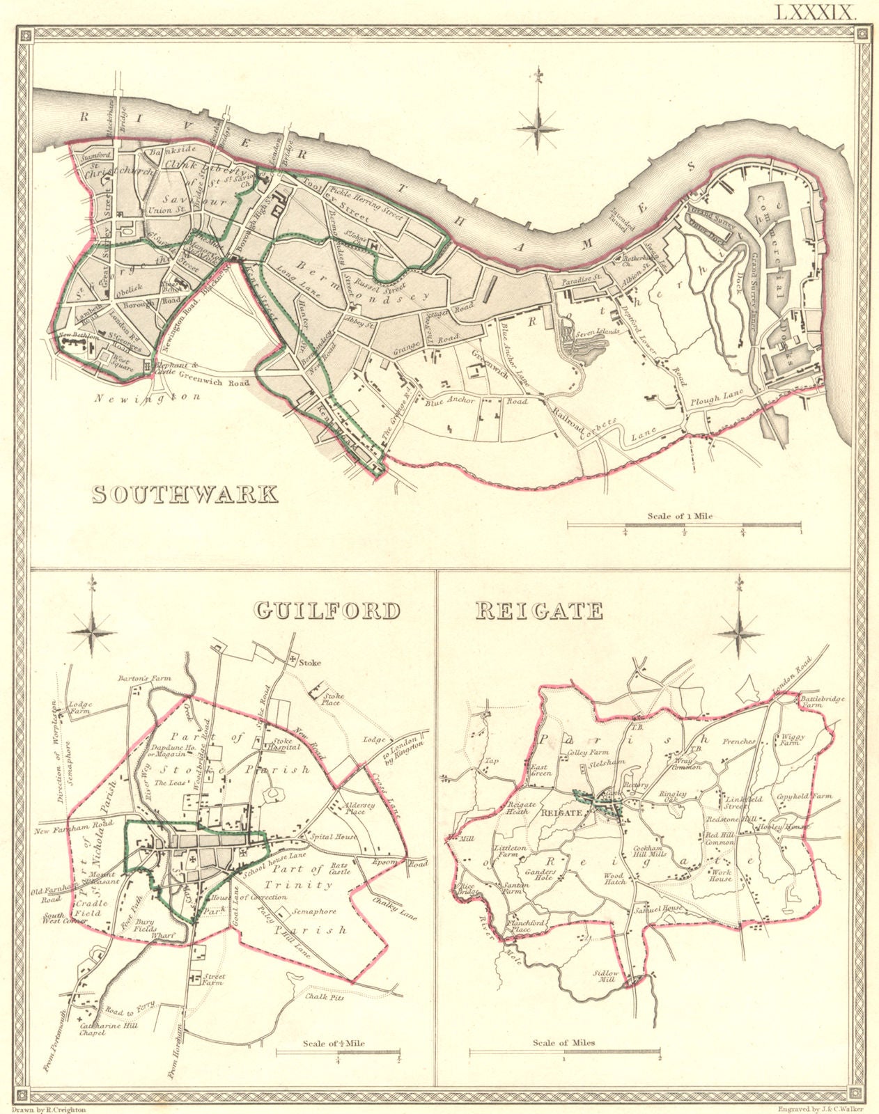 SOUTHWARK; GUILDFORD; REIGATE. Town Plan 1835 old antique map chart